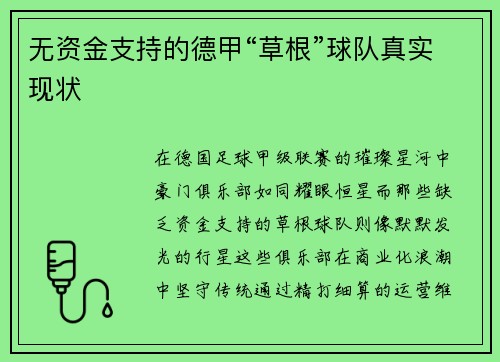无资金支持的德甲“草根”球队真实现状